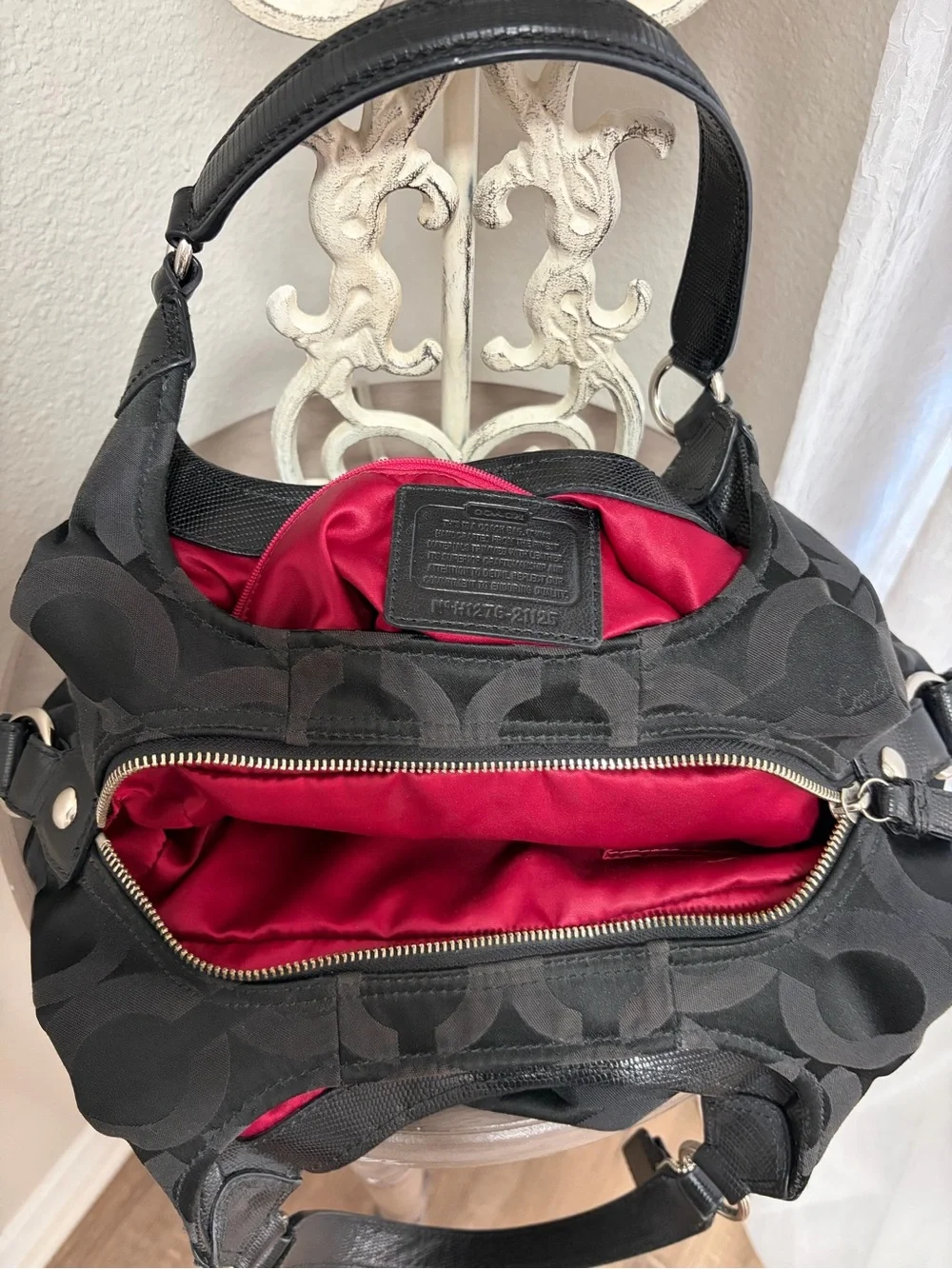 Coach Black Signature Logo Hobo Bag with Silver Hardware